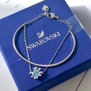 Swarovski “Olive” Rhodium-Plated, Aqua Crystal Bangle Bracelet